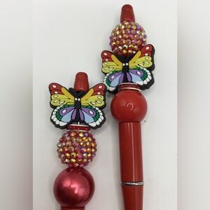 2 NEW HANDMADE BUTTERFLY BEADED JEWEL GEM PENS COLORFUL RED RAINBOW